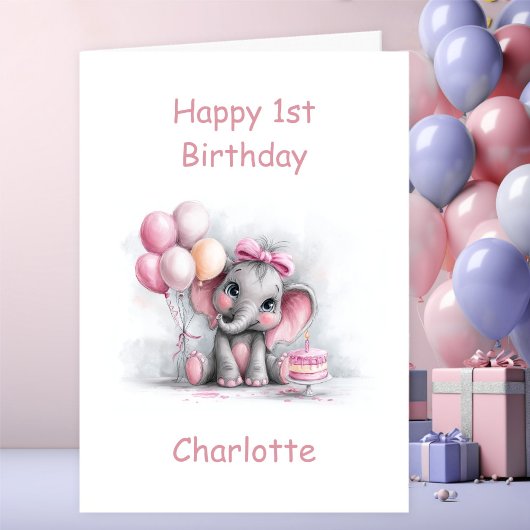 Girl Baby Elephant 1st Birthday カード