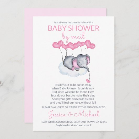 Girl Baby Shower by Mail Pink Elephant on Cloud 招待状 (正面/裏面)