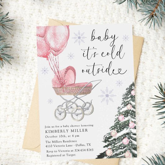 Girl Baby Shower Its Cold Outside Pink 招待状