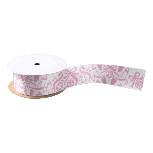 Girl Baby Shower Pink Bottle Rattle Pattern サテンリボン (リール)