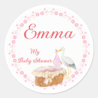 Girl Baby Shower Stickers: Charming Floral Border ラウンドシール