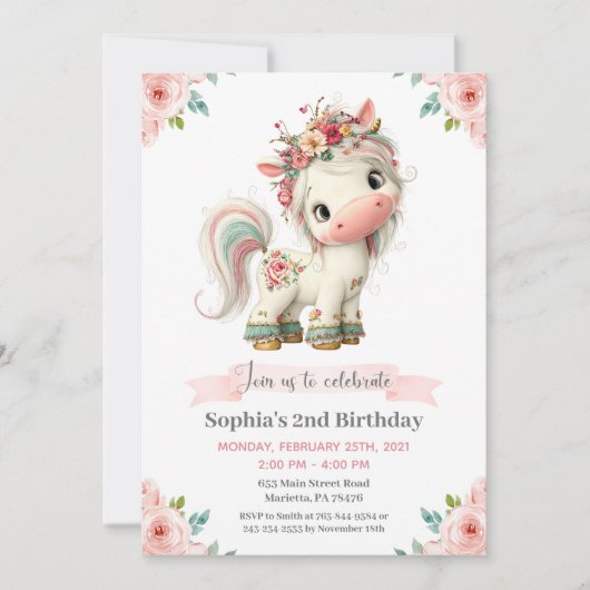 Girl Baby Unicorn Birthday Party Invitation 招待状 (正面)