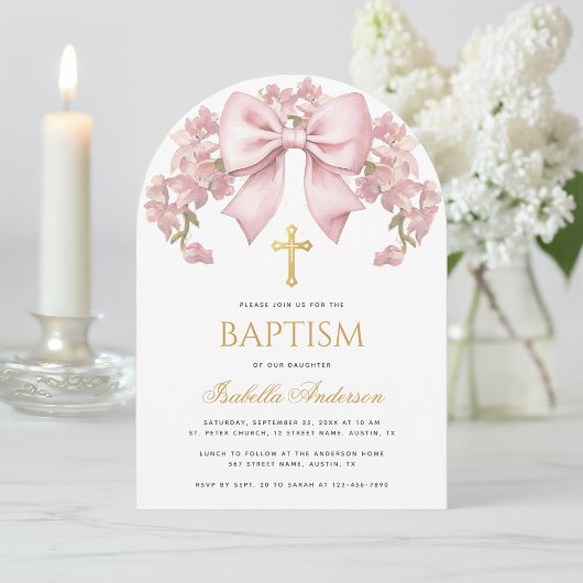 Girl Baptism Pink Bow Floral Elegant Gold Cross 招待状