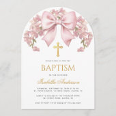 Girl Baptism Pink Bow Floral Elegant Gold Cross 招待状 (正面)