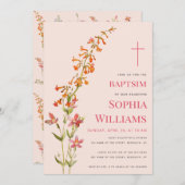  Girl Baptism Pink Floral Watercolor Wildflowers 招待状 (正面/裏面)