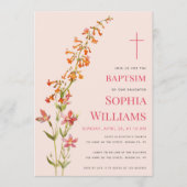  Girl Baptism Pink Floral Watercolor Wildflowers 招待状 (正面)