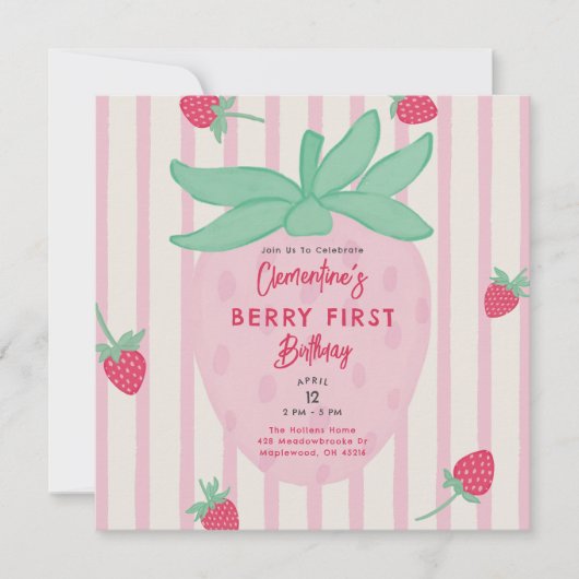 Girl Berry First Birthday Party Invitation (正面)