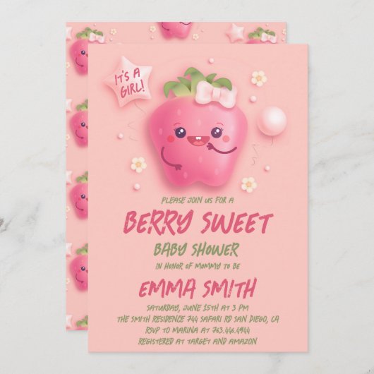 Girl Berry Sweet Strawberry Baby Shower 招待状 (正面/裏面)