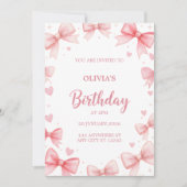 Girl Birthday Invitation Pink Bow Sweet Kids Party 招待状 (正面)