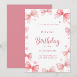 Girl Birthday Invitation Pink Bow Sweet Kids Party 招待状
