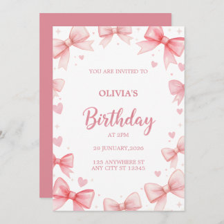 Girl Birthday Invitation Pink Bow Sweet Kids Party 招待状