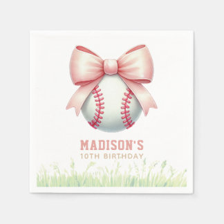 Girl Birthday Personalized Pink Baseball Bow スタンダードカクテルナプキン