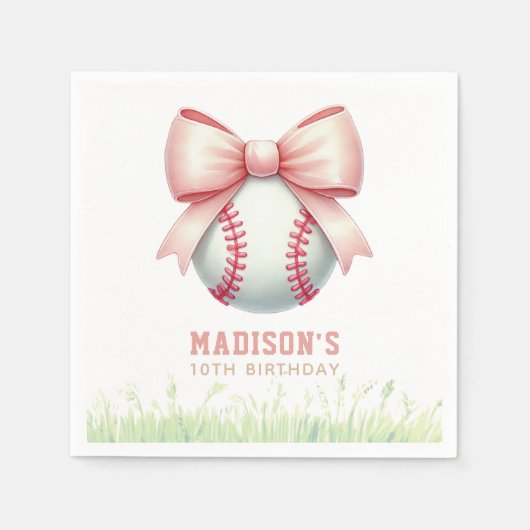 Girl Birthday Personalized Pink Baseball Bow スタンダードカクテルナプキン (正面)