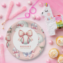 Girl Birthday Personalized Pink Baseball Bow ペーパープレート