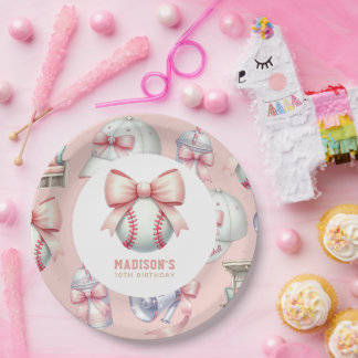 Girl Birthday Personalized Pink Baseball Bow ペーパープレート