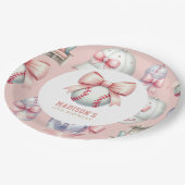 Girl Birthday Personalized Pink Baseball Bow ペーパープレート (アングル)