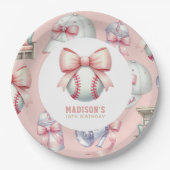 Girl Birthday Personalized Pink Baseball Bow ペーパープレート (正面)