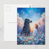Girl Black Dog Starry Night Sky ポストカード (正面/裏面)