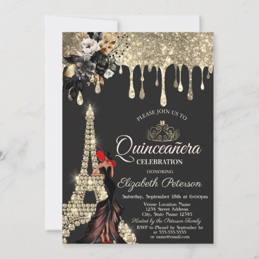 Girl Black Roses Eiffel Tower Gold Drips  招待状 (正面)