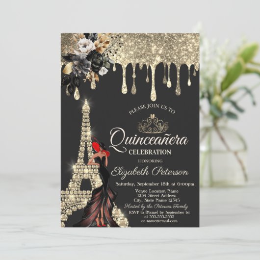 Girl Black Roses Eiffel Tower Gold Drips  招待状 (スタンド正面)