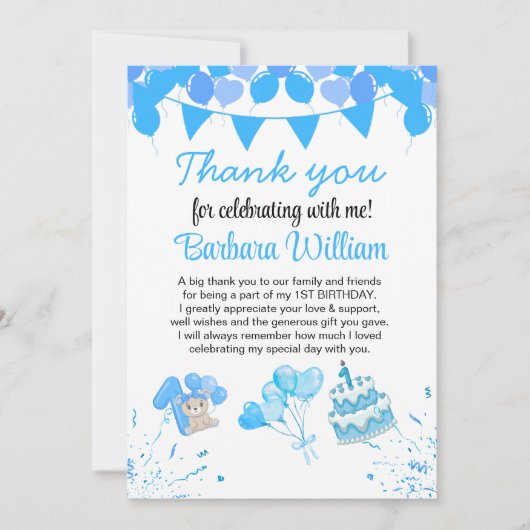 Girl Blue Bear 1st Birthday Thank You Card (正面)