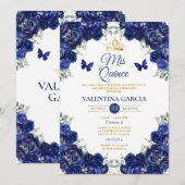 Girl Blue Quinceañera 15 Anos Flowers Gold Crown 招待状 (正面/裏面)