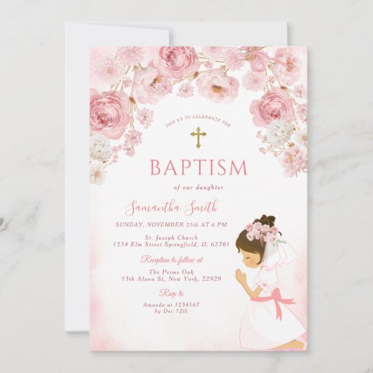 Girl Blush Pink Bow Floral Cross Girl Baptism 招待状 (正面)