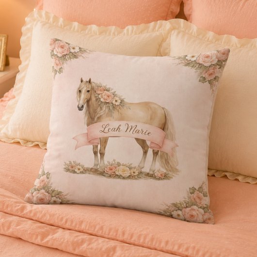 Girl Blush Pink Floral Horse Rose モノグラム 名前 クッション