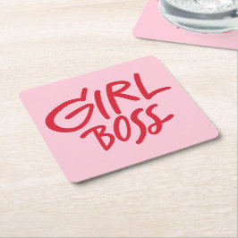 Girl Boss 大胆なタイポグラフィ レッド&ピンク フェミニン スクエアペーパーコースター