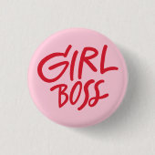 Girl Boss Bold Typography Red & Pink Feminine 缶バッジ (正面)