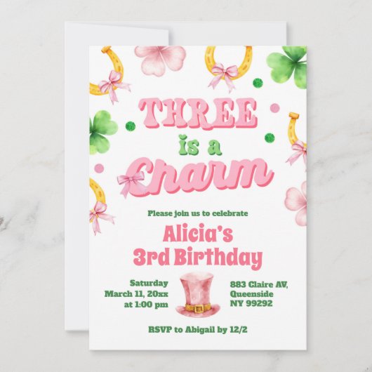 Girl Bow Glitter three is a charm St Patrick 招待状 (正面)