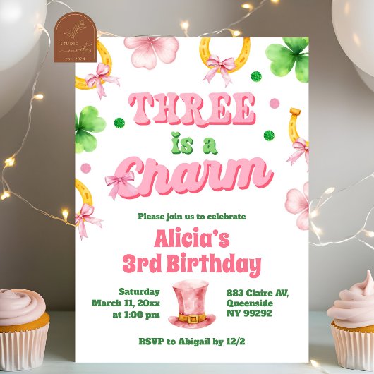 Girl Bow Glitter three is a charm St Patrick 招待状