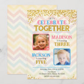 Girl Boy Joint Siblings Birthday Party Photo 招待状 (正面/裏面)