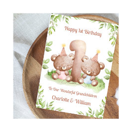 Girl Boy Twins 1st Birthday Teddy Bears Card カード