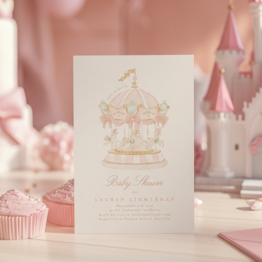 Girl Carousel Fairytale Bows Pink Baby Shower 招待状