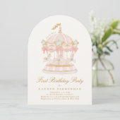 Girl Carousel Fairytale Cream Arch Birthday Party 招待状 (スタンド正面)