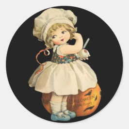 Girl Carving Apple Halloween Stickers ラウンドシール