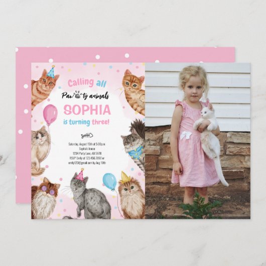 Girl Cat Pawty Animals誕生日写真 招待状 (正面/裏面)