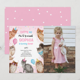 Girl Cat Pawty Animals誕生日写真 招待状