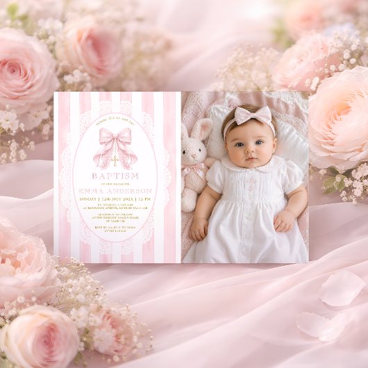 Girl Christian Baptism Pink Bow Photo 招待状