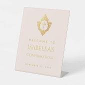 Girl Confirmation Elegant Pink Gold Cross in Crest 台座サイン (正面)