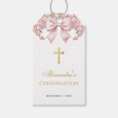 Girl Confirmation Pink Bow Faux Gold Cross Floral ギフトタグ (正面)