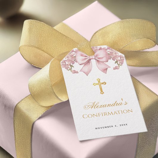 Girl Confirmation Pink Bow Faux Gold Cross Floral ギフトタグ