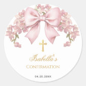 Girl Confirmation Pink Bow Faux Gold Cross Floral ラウンドシール (正面)