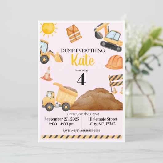 Girl Construction Birthday Invitation 招待状 (スタンド正面)
