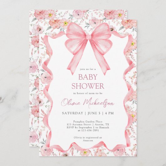 Girl Coquette Pink Floral Ribbon Bow Baby Shower 招待状 (正面/裏面)