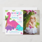 Girl Dinosaur Birthday Photo Invitation Dino Party 招待状 (正面)