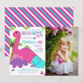 Girl Dinosaur Birthday Photo Invitation Dino Party 招待状