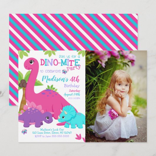 Girl Dinosaur Birthday Photo Invitation Dino Party 招待状 (正面/裏面)
