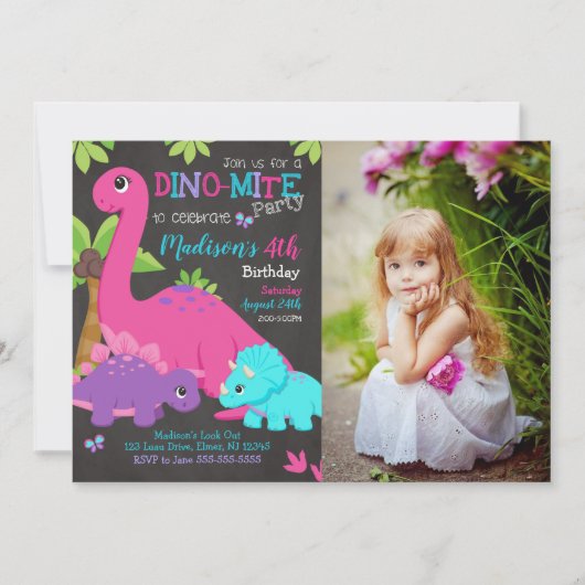 Girl Dinosaur Photo Birthday Invitation Dino Party 招待状 (正面)